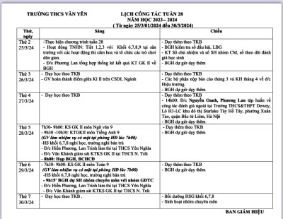 LỊCH CÔNG TÁC - TUẦN 28 (T?ngày 25/3/2024 đến ngày 30/3/2024·