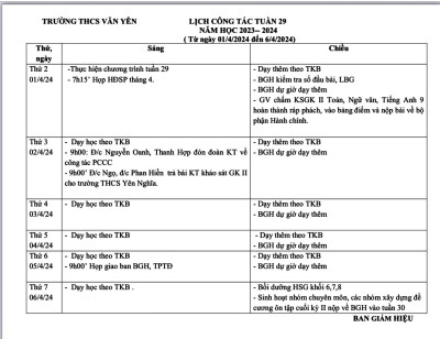 LỊCH CÔNG TÁC - TUẦN 29 (T?ngày 1/4/2024 đến ngày 6/4/2024·