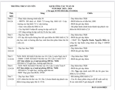 LỊCH CÔNG TÁC - TUẦN 30 (T?ngày 8/4/2024 đến ngày 13/4/2024·