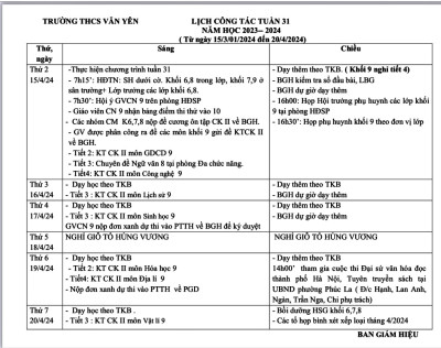 LỊCH CÔNG TÁC - TUẦN 31 (T?ngày 15/4/2024 đến ngày 20/4/2024·