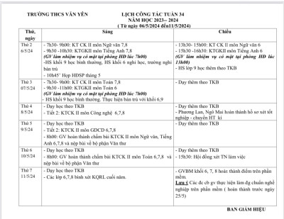 LỊCH CÔNG TÁC - TUẦN 33 (T?ngày 29/4/2024 đến ngày 4/5/2024·