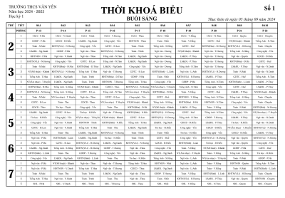 THỜI KHÓA BIỂU SỐ 1 - Năm học 2024-2025